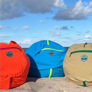 Flop Beach Bags in Orange, Blue, and Tan